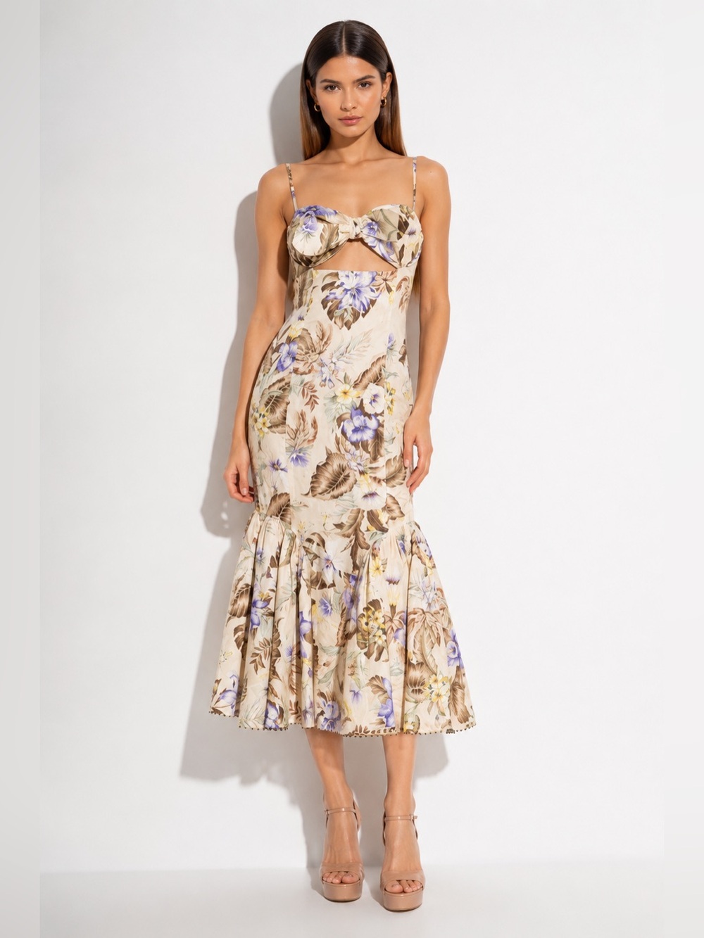 Zimmermann Cream Floral Cutout Midi Dress with Lavender Accents AU 0